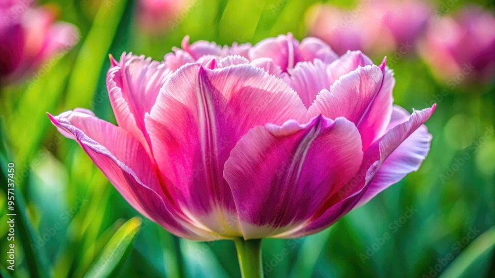 Vibrant pink tulip petals softly ruffled, delicate stamens centered, against a blurred green background, showcasing intricate details of the blooms' natural beauty in springtime. Vibrant pink tulip petals softly ruffled, delicate stamens centered, against a blurred green background, showcasing intricate details of the blooms' natural beauty in springtime.