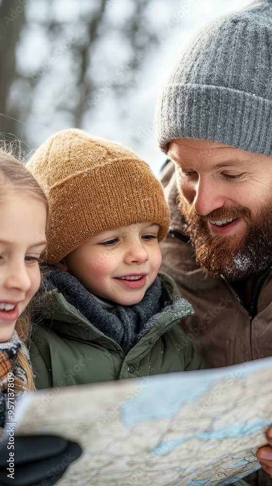 Family planning a winter hike, reviewing trail maps, excited about the adventure Family planning a winter hike, reviewing trail maps, excited about the adventure