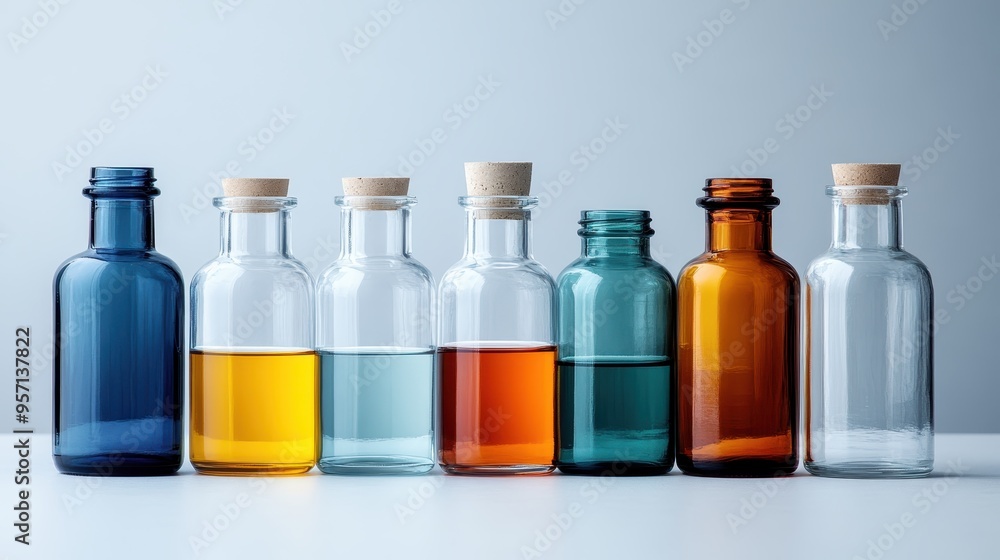 Several colorful glass bottles containing various liquids are arranged in a row, creating a visually appealing and diverse composition against a light background. Several colorful glass bottles containing various liquids are arranged in a row, creating a visually appealing and diverse composition against a light background.