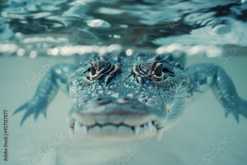Wallpaper Mural A close-up shot of a crocodile partially submerged in water, its intense eyes and formidable snout peering just above the waterline. Torontodigital.ca
