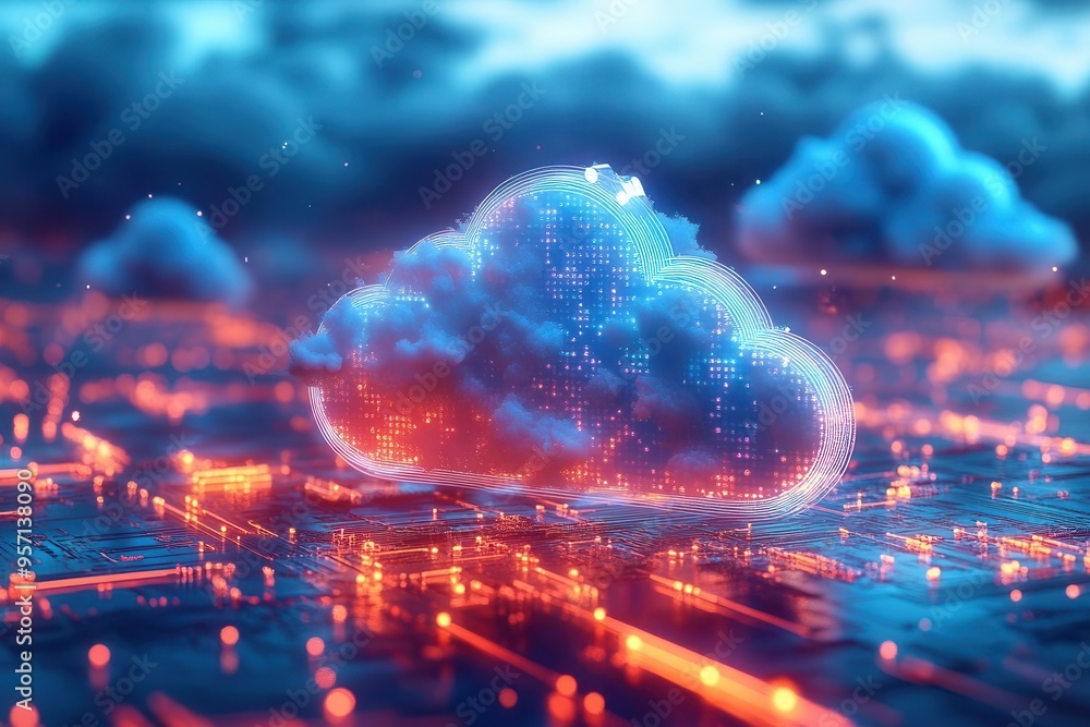 A futuristic digital cloud in a vibrant network of glowing circuits and technology, representing data storage and connectivity. A futuristic digital cloud in a vibrant network of glowing circuits and technology, representing data storage and connectivity.