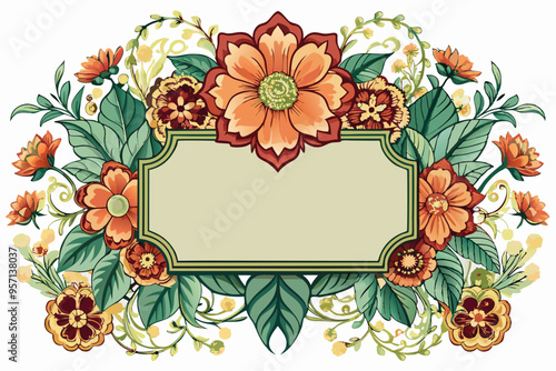 Vintage Floral Rectangle Frame for Web, Oriental Style, Vector Illustration