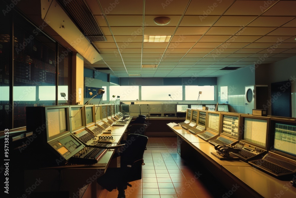 A modern control room filled with multiple computer screens and workstations, basking in soft light from large windows, epitomizes efficiency and precision. A modern control room filled with multiple computer screens and workstations, basking in soft light from large windows, epitomizes efficiency and precision.