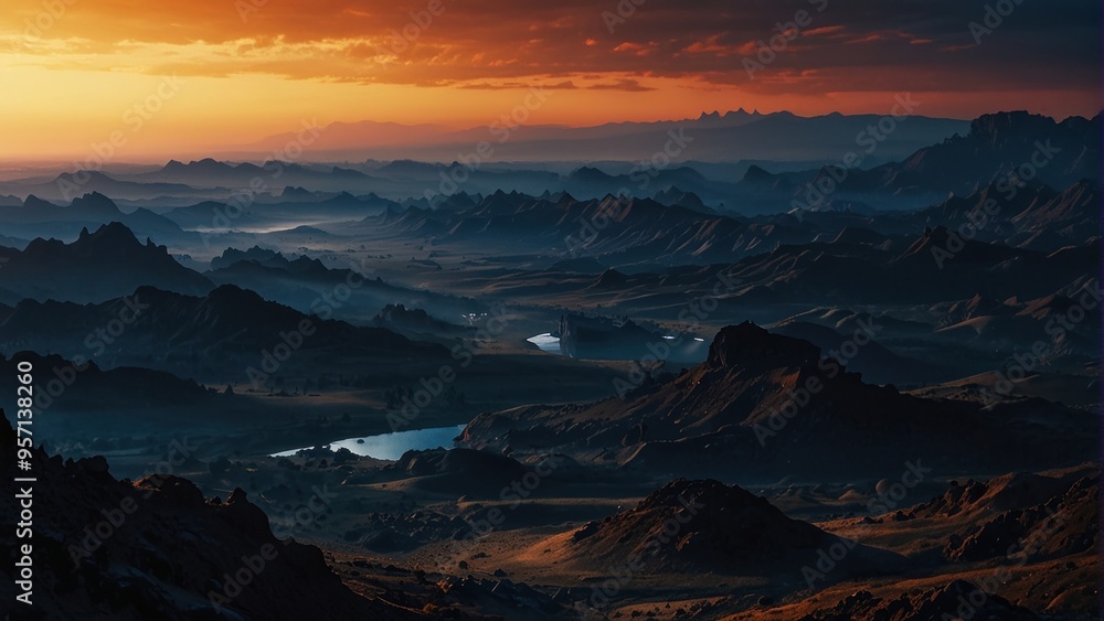 Naklejka premium Wonderful view from the mountains on the setting sun