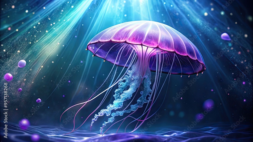 Vibrant purple jellyfish with translucent umbrella-like body and delicate stinging tentacles, suspended in a dark blue ocean, surrounded by soft, glowing aquatic particles. Vibrant purple jellyfish with translucent umbrella-like body and delicate stinging tentacles, suspended in a dark blue ocean, surrounded by soft, glowing aquatic particles.