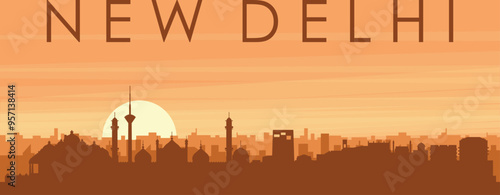 Brown panoramic poster of the city skyline with misty background buildings, sunrise, clouds and mountains of NEW DELHI, INDIA
