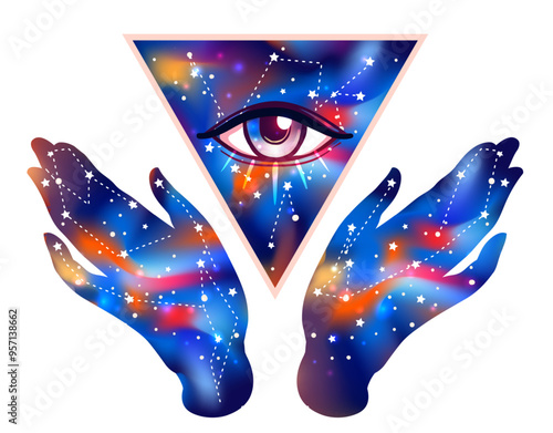 Open hand with the all-seeing eye on the palm. Occult design vector illustration. Dotwork ink tattoo flash design. Vector illustration isolated on white. Astrology, Sacred Spirit. Masonic sign.