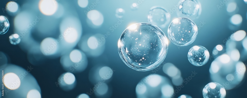 Close-up of clear, shimmering bubbles floating against a light blue background, creating a serene and calming effect in a tranquil atmosphere. Close-up of clear, shimmering bubbles floating against a light blue background, creating a serene and calming effect in a tranquil atmosphere.