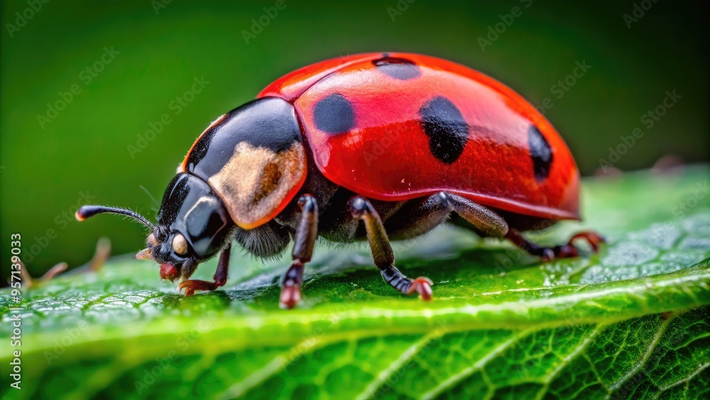 Obraz premium Vibrant red and black ladybug perches on a delicate green leaf, its shiny exoskeleton and intricate details visible in stunning macro perspective.