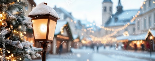 Family road trip stop at a Christmas market, snowy town square, festive atmosphere