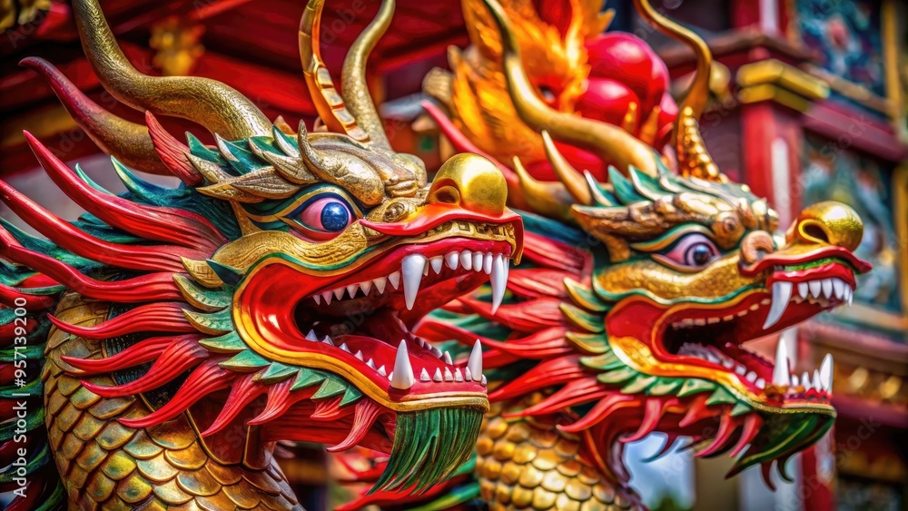 Vibrant red and gold Chinese dragon heads with intricate scales and flared nostrils, adorned with ornate horns and whiskers, symbolizing power and good fortune. Vibrant red and gold Chinese dragon heads with intricate scales and flared nostrils, adorned with ornate horns and whiskers, symbolizing power and good fortune.