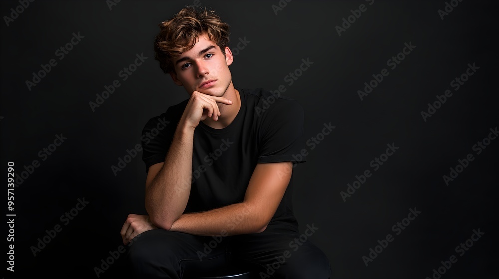 studio portrait of attractive young man in black tshirt, hand on chin sitting on stool looking at camera studio portrait of attractive young man in black tshirt, hand on chin sitting on stool looking at camera