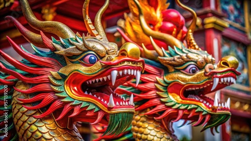 Wallpaper Mural Vibrant red and gold Chinese dragon heads with intricate scales and flared nostrils, adorned with ornate horns and whiskers, symbolizing power and good fortune. Torontodigital.ca