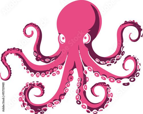 A cartoonish, pink octopus with a big, curious eye. The octopus is looking at the camera, and its body is curled up in a spiral