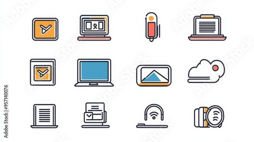 Online Learning thin line icon set. Containing laptop, tablet, online course, video lesson, virtual classroom, webinar, e-book, headphones, screen sharing, online quiz, digital certificate.