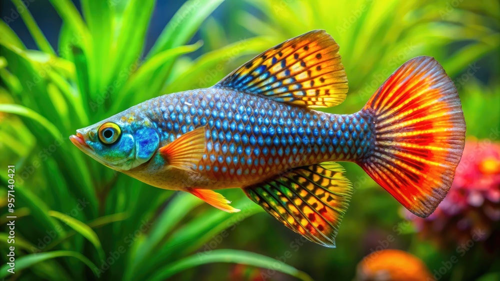 Vibrant sailfin molly fish with iridescent blue and orange scales swim harmoniously amidst lush green aquatic plants in a serene freshwater aquarium environment. Vibrant sailfin molly fish with iridescent blue and orange scales swim harmoniously amidst lush green aquatic plants in a serene freshwater aquarium environment.