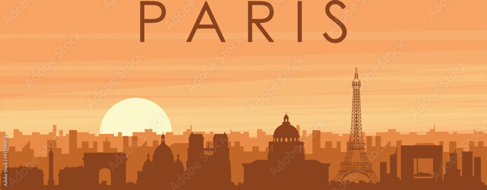 Brown panoramic poster of the city skyline with misty background buildings, sunrise, clouds and mountains of PARIS, FRANCE Brown panoramic poster of the city skyline with misty background buildings, sunrise, clouds and mountains of PARIS, FRANCE