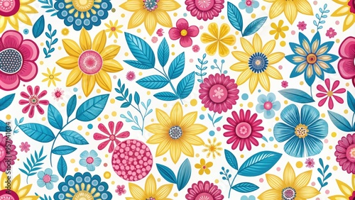 Wallpaper Mural Vibrant, stylized flowers in shades of pink, yellow, and blue adorn a repeating pattern on a white background, evoking a sense of whimsy and elegance. Torontodigital.ca