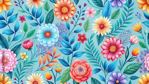 Wallpaper Mural Vibrant, stylized floral pattern featuring colorful blooms and delicate leaves set against a soft, gradient blue background, ideal for wallpaper, fabric, or digital design. Torontodigital.ca