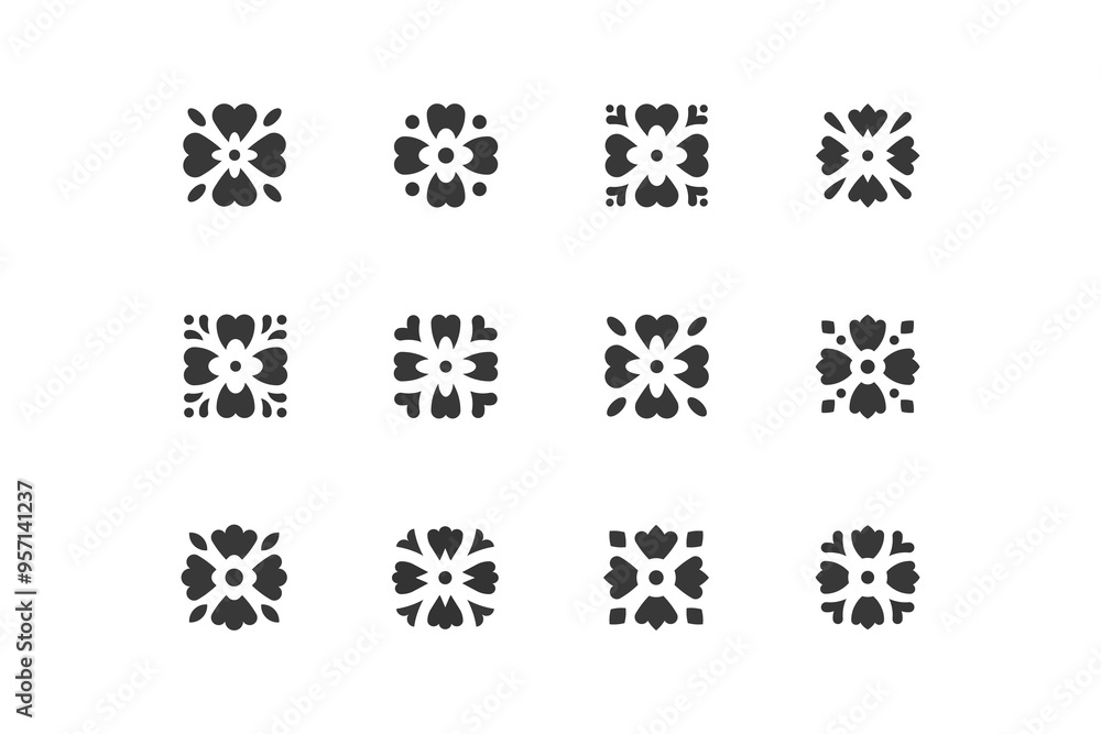 Four-leaf flower decor element. Set of 4 geometric emblem. Modern abstract linear shape for emblem, badge, insignia. Four-leaf flower decor element. Set of 4 geometric emblem. Modern abstract linear shape for emblem, badge, insignia.