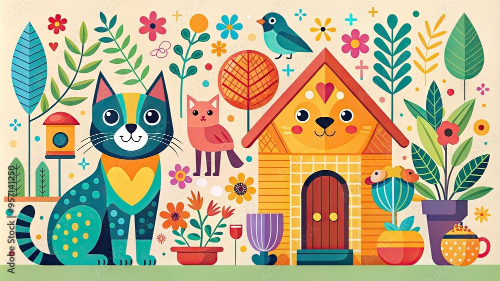 Vibrant, stylized illustration of a happy cat, dog, and bird surrounded by minimalist home decor elements in a colorful, whimsical flat design composition. Vibrant, stylized illustration of a happy cat, dog, and bird surrounded by minimalist home decor elements in a colorful, whimsical flat design composition.
