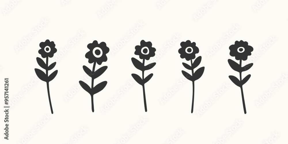 Vector illustration of flower in simple hand drawn and linocut style. Simple contour vector illustration for cosmetics, postcard and pattern. Vector illustration of flower in simple hand drawn and linocut style. Simple contour vector illustration for cosmetics, postcard and pattern.