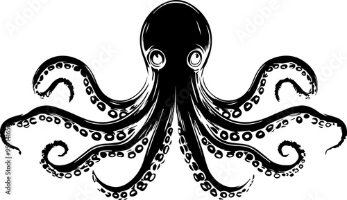 A black octopus with a white background. The octopus has a very interesting and unique appearance