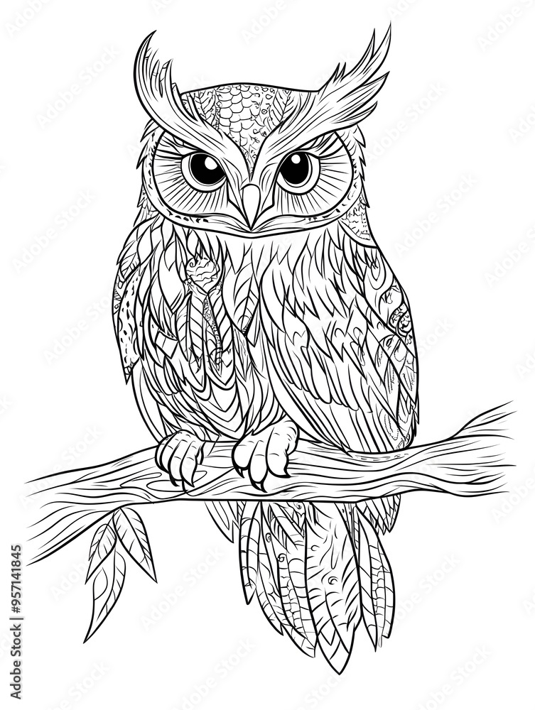 Zentangle stylized cartoon eagle owl sitting on wooden tree branch. Hand drawn sketch for adult antistress coloring page, T-shirt emblem, logo or tattoo with doodle, zentangle, floral design elements. Zentangle stylized cartoon eagle owl sitting on wooden tree branch. Hand drawn sketch for adult antistress coloring page, T-shirt emblem, logo or tattoo with doodle, zentangle, floral design elements.
