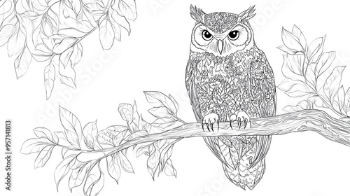 Zentangle stylized cartoon eagle owl sitting on wooden tree branch. Hand drawn sketch for adult antistress coloring page, T-shirt emblem, logo or tattoo with doodle, zentangle, floral design elements.