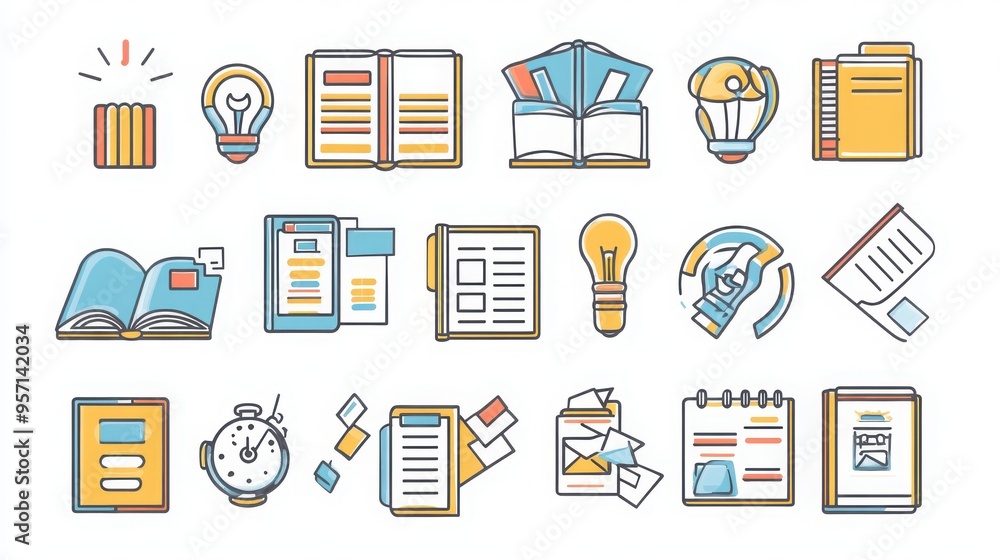 Study Habits thin line icon set. Containing planner, study schedule, flashcards, reading lamp, study desk, sticky notes, focus timer, study app, open book, brainstorming, mind map, checklist. Study Habits thin line icon set. Containing planner, study schedule, flashcards, reading lamp, study desk, sticky notes, focus timer, study app, open book, brainstorming, mind map, checklist.