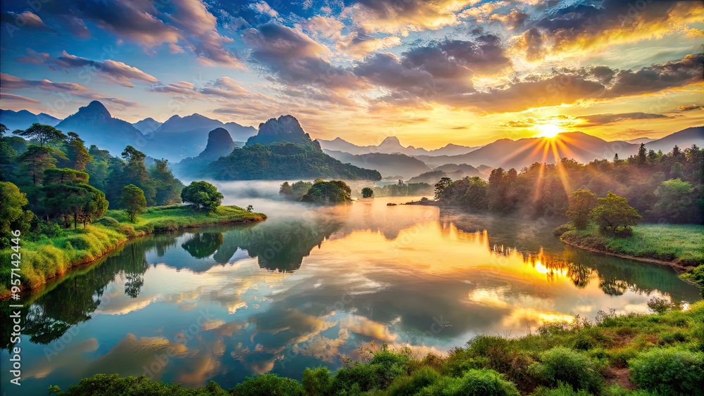 Obraz premium Vibrant sunrise illuminates a serene valley landscape featuring lush greenery, misty mountains, and a tranquil lake reflecting the majestic scenery in perfect harmony.