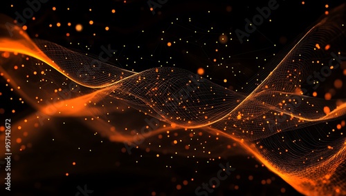 Golden particles wave on dark background.  photo