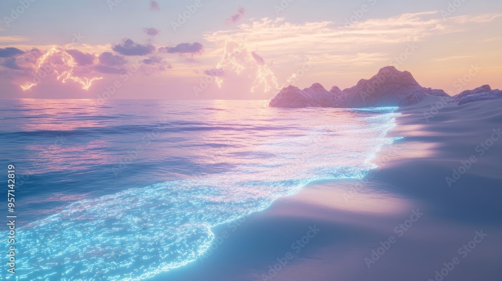 Fototapeta premium Holographic Beach: Where Sand Shimmers & Waves Glow in 3D