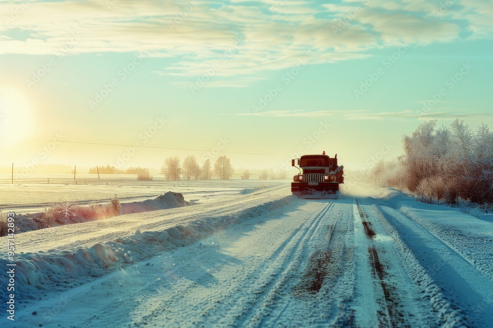 A lone snowplow truck drives down a snow-covered road during a serene, sunny winter morning, clearing the path amidst a picturesque frozen landscape. A lone snowplow truck drives down a snow-covered road during a serene, sunny winter morning, clearing the path amidst a picturesque frozen landscape.