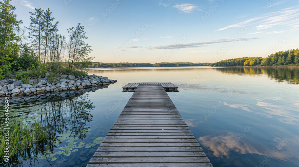 Naklejka premium Jetty at an idyllic lake with smooth water in the morning against claer sky, tranquil scene
