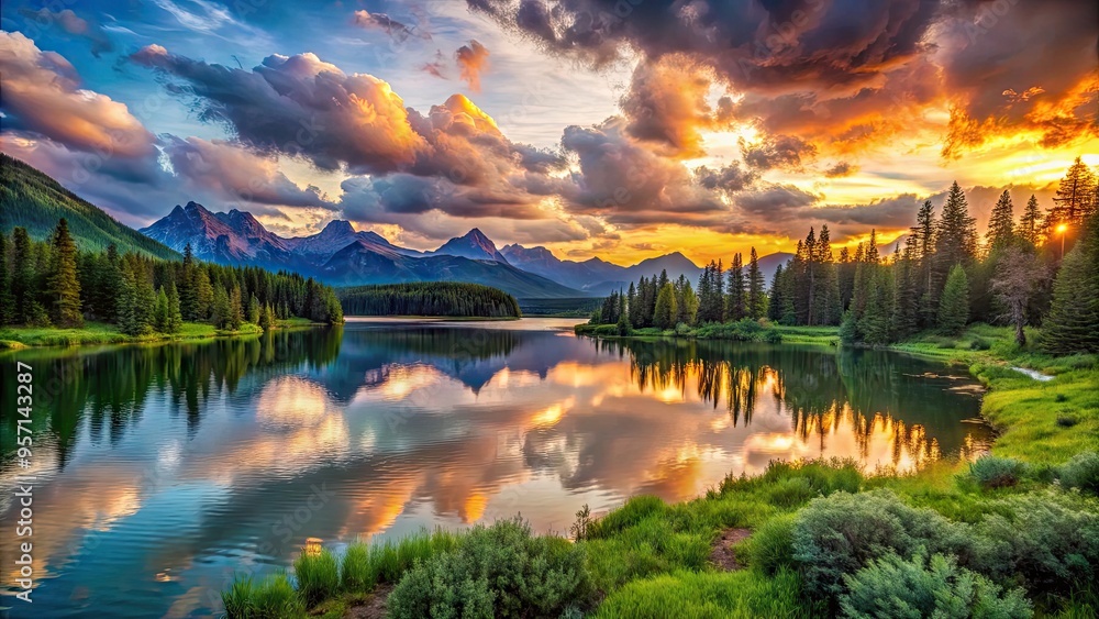 Fototapeta premium Vibrant sunset illuminates a serene lake surrounded by lush greenery, majestic mountains, and drifting clouds, capturing the essence of untouched natural beauty in exquisite detail.