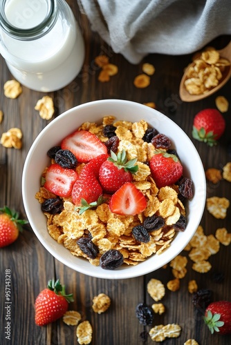 Breakfast cereal with raisin and milk photo