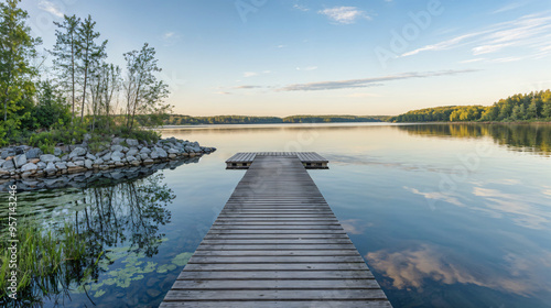Fototapeta Naklejka Na Ścianę i Meble -  Jetty at an idyllic lake with smooth water in the morning against claer sky, tranquil scene