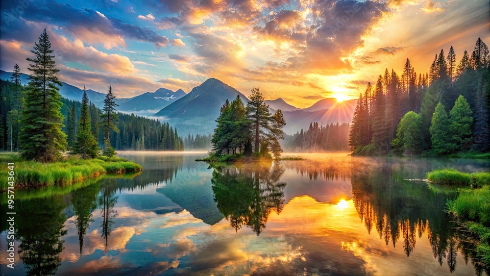 Naklejka premium Vibrant sunset illuminates a serene mountain lake, surrounded by lush greenery and majestic trees, with a subtle misty atmosphere, evoking a sense of tranquility and wonder.