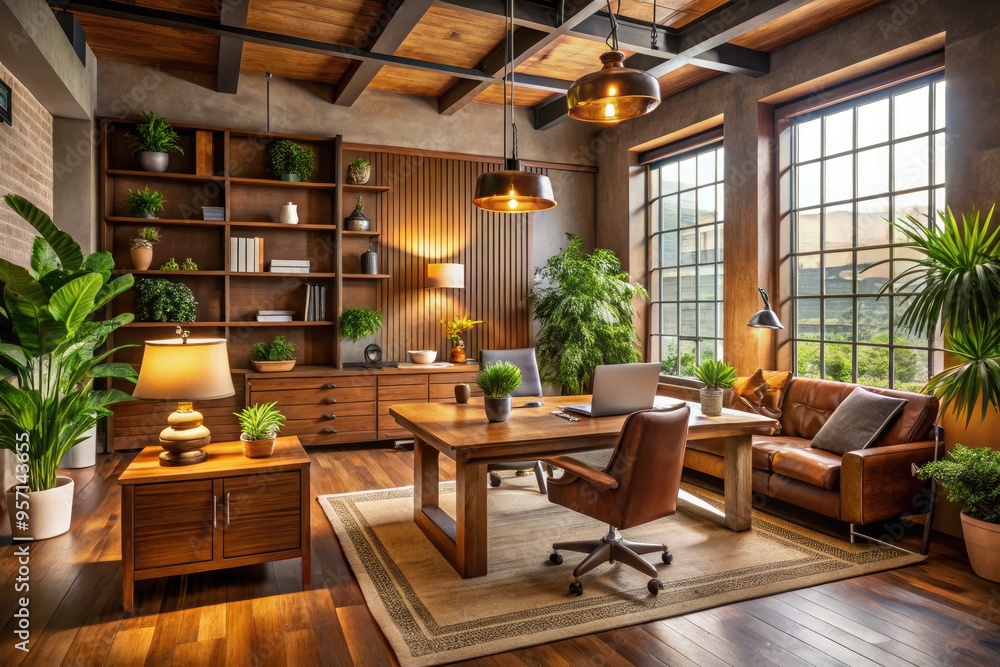 warm and inviting office interior cozy atmosphere wooden furniture earthy colors vintage decor warm and inviting office interior cozy atmosphere wooden furniture earthy colors vintage decor