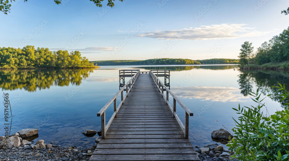 Fototapeta premium Jetty at an idyllic lake with smooth water in the morning against claer sky, tranquil scene
