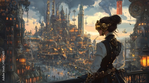 A steampunk woman dressed in Victorian-inspired attire with goggles, standing against the backdrop of an industrial city full of clock towers and smokestacks.