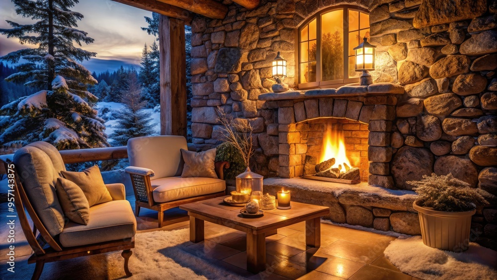 Warm candlelight flickers across the rustic stone fireplace, illuminating the crackling flames and cozy seating area, creating a welcoming atmosphere on a cold winter evening. Warm candlelight flickers across the rustic stone fireplace, illuminating the crackling flames and cozy seating area, creating a welcoming atmosphere on a cold winter evening.
