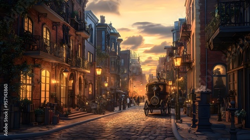 A beautiful sunset over a Victorian-era street with brick buildings, ornate street lamps, and a horse-drawn carriage, capturing a nostalgic scene.