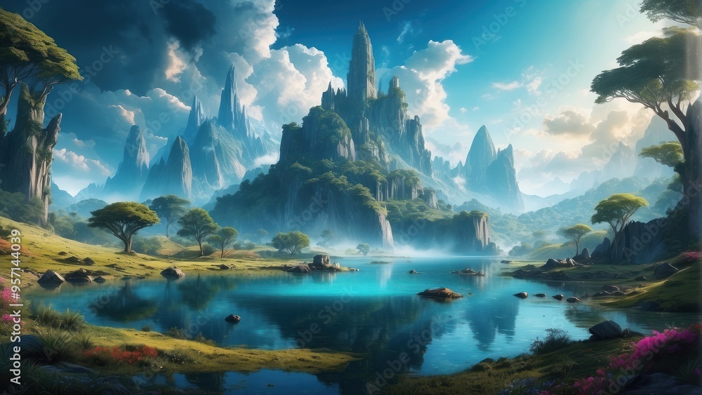 Obraz premium Beautiful landscape of ancient idyllic mountains, valleys and sky