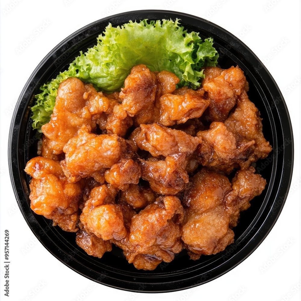 Fried Chicken with Sweet and Sour Sauce in a Black Bowl Fried Chicken with Sweet and Sour Sauce in a Black Bowl