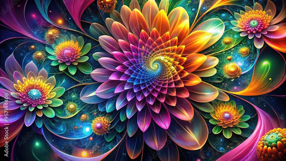 Vibrant, swirling digital blooms burst with colorful energy, petals unfolding like intricate fractals, blending organic beauty with futuristic, high-tech sophistication in a mesmerizing abstract Vibrant, swirling digital blooms burst with colorful energy, petals unfolding like intricate fractals, blending organic beauty with futuristic, high-tech sophistication in a mesmerizing abstract