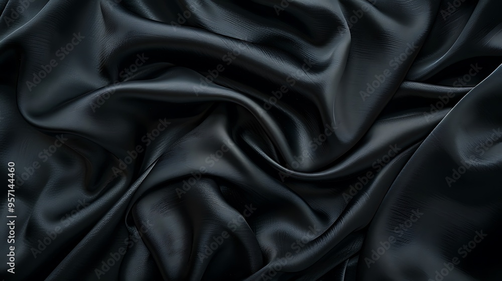 Dark elegant background with space for design. Black silk satin surface, Creases in fabric Dark elegant background with space for design. Black silk satin surface, Creases in fabric