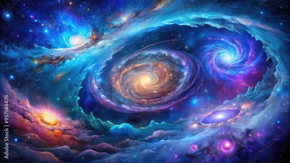 Vibrant, swirling galaxies and nebulas dance across a canvas, blending brushstrokes of shimmering blues and purples in a cosmic explosion of color and energy. Vibrant, swirling galaxies and nebulas dance across a canvas, blending brushstrokes of shimmering blues and purples in a cosmic explosion of color and energy.