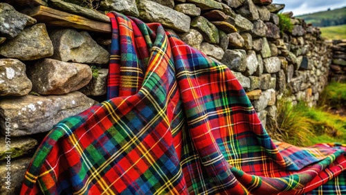 Vibrant Tartan plaid fabric draped over rustic stone wall, blending traditional Scottish heritage pattern with rugged natural textures in a warm, earthy atmosphere. photo